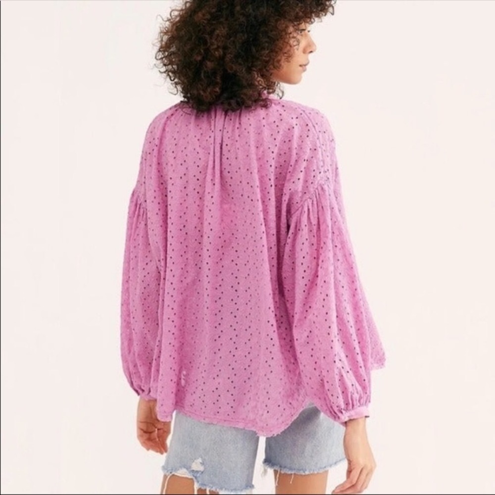 FREE PEOPLE Orchid Maddison Eyelet Flowy Blouse Button Front Collarless Size XS - Picture 14 of 14